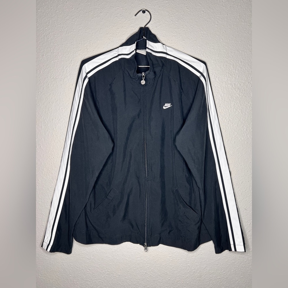 Nike Men's Black Windbreaker with White Stripes